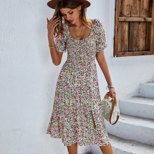 Bohemia Print Dress Women New Summer Midi Dress Puff Sleeve